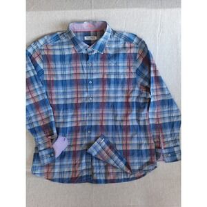 Tommy Bahama Mens XL Plaid Spandex Button Shirt Long Sleeve Navy Blue Silk Blend